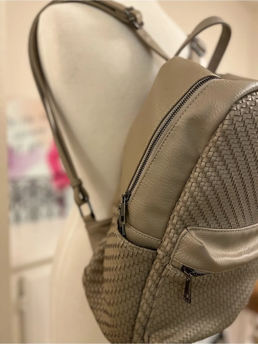 Madison West Tan/Taupe Vegan Leather Woven Backpack